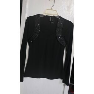 Bisou Bisou Black Long Sleeve Top with Embellished Shoulders
